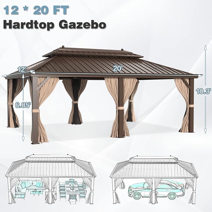 MELLCOM 12' x 20' Hardtop Gazebo,Galvanized Steel Metal Double Roof Aluminum Gazebos with Curtain and Netting,Brown Permanent Pavilion with Aluminum Frame for Patios,Gardens,Lawns