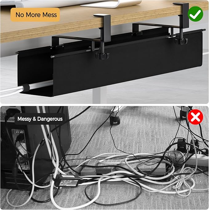 Under Desk Cable Management Tray 27.2" - No Drill Computer Wire Organizer Cable Tray, Fabric Cord Hider Clamp Mount, with 16X Cable Ties PC Cables Management Cord Holder for Office/Home (Black)