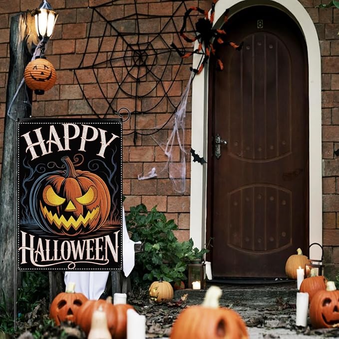 HTBIG Halloween Decor Garden Flag, Happy Halloween Pumpkin Decor, Yard Flags for Outside 12x18 inch, Outside Yard for Home Decorations