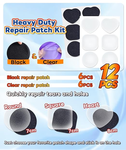 Heavy Duty Repair Patch Kit for Bounce House, Fabric, Tent, Canvas, Canopy, Pool Floats, RV Awning, Boat Covers, Waterproof, Clear and Black, 12PCS