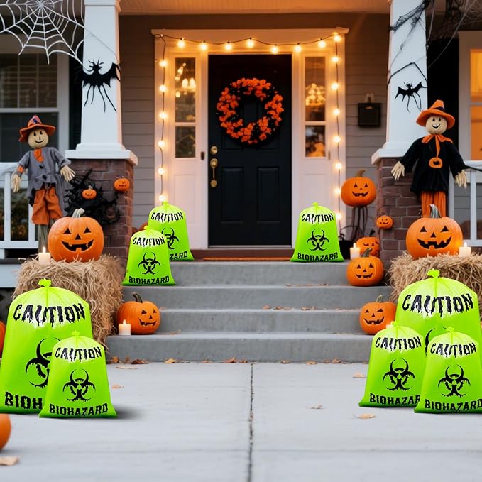 12 Pcs Large Halloween Leaf Bags Biohazard Halloween Decorations Halloween Trash Bags for Leaves Plastic Yard Lawn Waste Bag Scientist Biohazard Bag Outdoor Biohazard Zombie Party Decorations (Green)