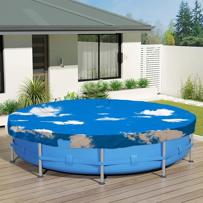 ECOOPTS 10 ft Waterproof Round Polyester Pool Cover for Above Ground Pools, Swimming Pool Cover Protector Winter Safety Cover (Blue Sky)