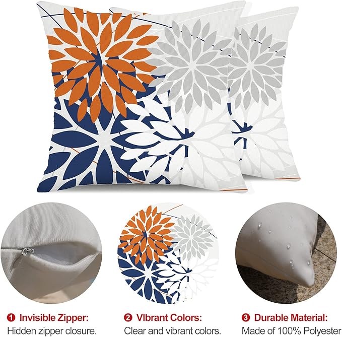 DFXSZ Outdoor Throw Pillow Covers 18x18 Inch Set of 2 Waterproof Spring Summer Geometric Elegant Orange Blue Outdoor Pillow Covers for Patio Funiture Garden Couch 158V18