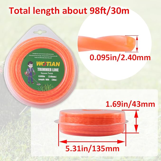 WOTIAN Weed Eater String 0.095-Inches Square Twisted Trimmer Line .095" 98ft Square Twist Weed Wacker String of Premium Nylon Compatible with Stihl Echo Grass Cordless Electric Trimmer,Orange