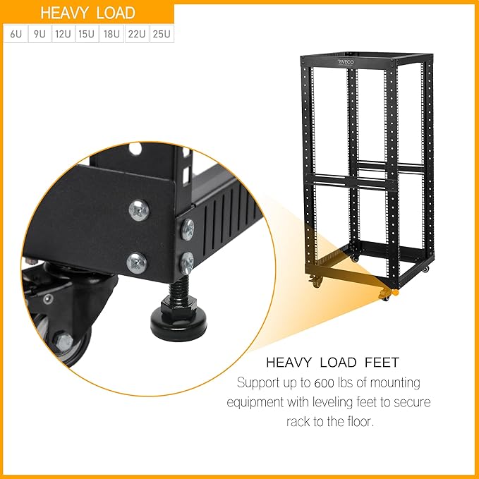 RIVECO 18U Open Frame Server Rack with Brake Casters- Heavy Duty 4 Post Quick Assembly 19-inch Rack Network Durable Black