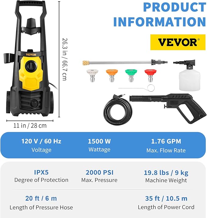 VEVOR Electric Pressure Washer, 2000 PSI, Max. 1.76 GPM Power Washer w/ 30 ft Hose, 5 Quick Connect Nozzles, Foam Cannon, Portable to Clean Patios, Cars, Fences, Driveways, ETL Listed