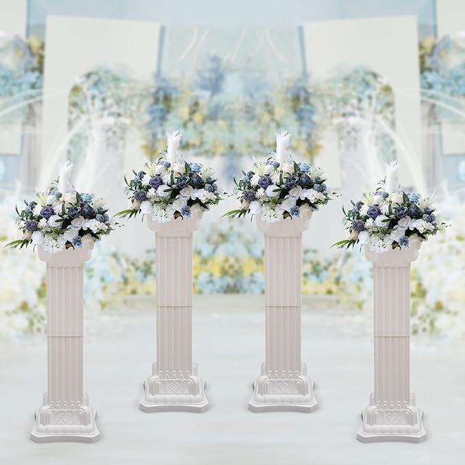 Roman Columns Wedding Stand Pillar Plant Stand Plastic Greek Statue Pedestal Flower Pot Holder Decor, Event Party Elegant Decorative Column (White, 4Pcs, 11.81x35.43 Inch)