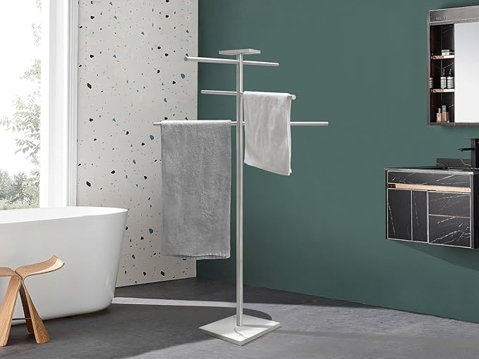 Marble Base Towel Rack for Swimming Pool, Hot Tub Or Spa, 304 Stainless Steel 6 Arms Standing Towel Holder with Tray for Indoor or Outdoor Towel Sheet Drying Rack Brushed Nickel