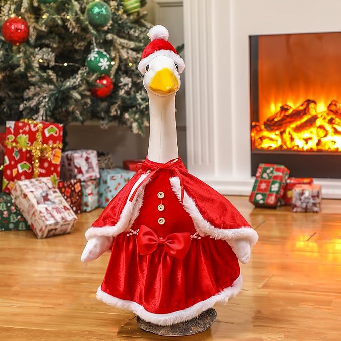 Christmas Mrs. Claus Goose Outfit Dresses Clothes for 23" High Cement or Plastic Goose Lawn Clothing Porch Garden Costume for Yard Outdoor Patio Statue Xmas Santa Holiday Decor