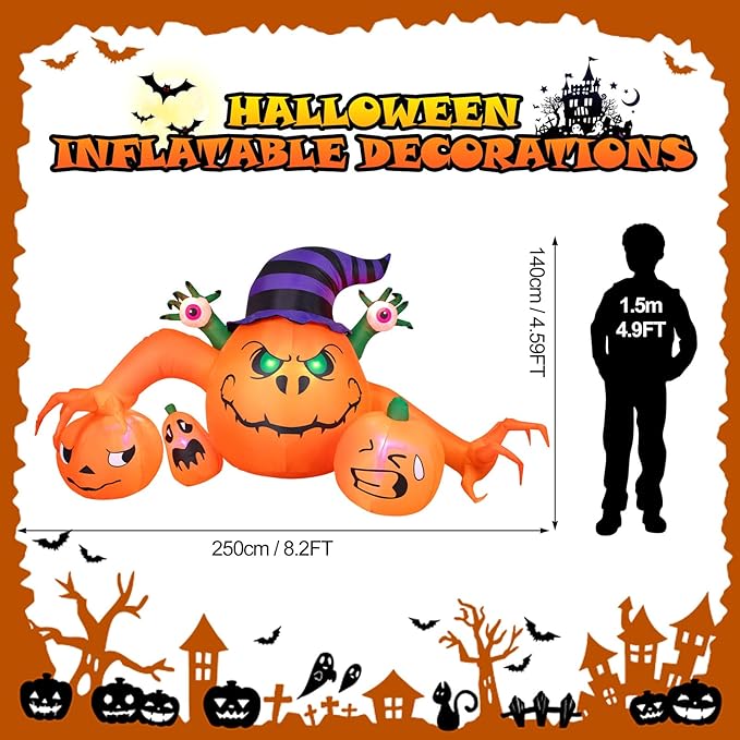 8FT Long Halloween Inflatable Outdoor Decorations, Pumpkin Decorations with Build-in LED Lights, Blow Up Jack-o-Lantern for Indoor Outdoor Halloween Party, Yard, Garden, Lawn