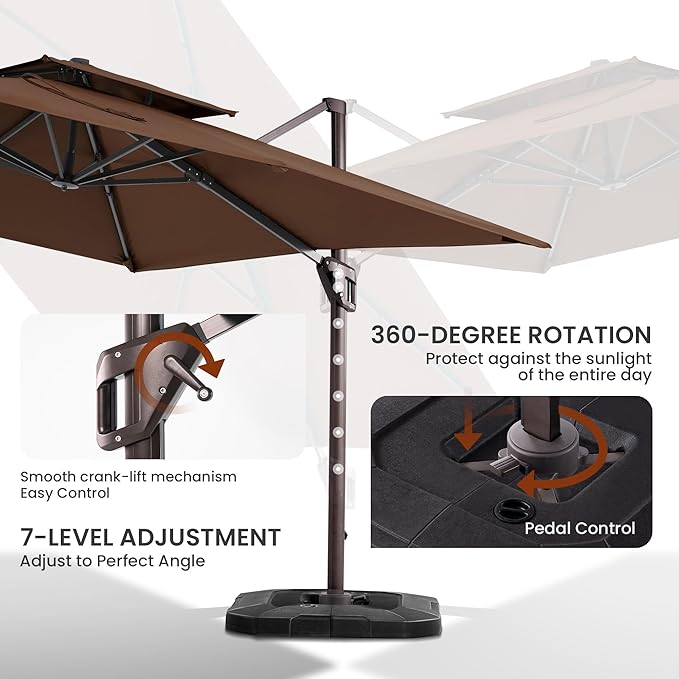 10x10 FT Cantilever Patio Umbrella with Base Included Double Top Outdoor Square Large Heavy Duty Aluminum Offset Umbrellas with 7 Level Tilt 360-degree Rotation for Pool Garden Deck,Brown