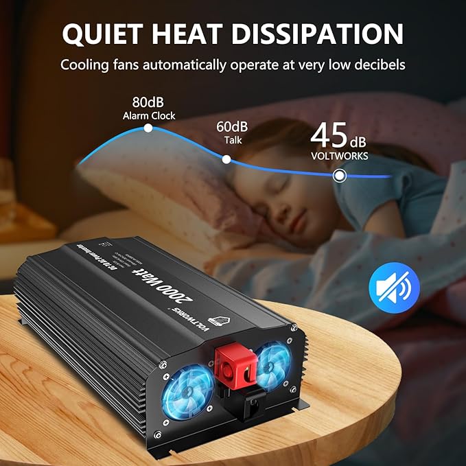 Power Inverter 2000Watt 12V DC to 110V 120V AC Built-in UL Approved Fuses with Remote Control & 2.4A USB Port 3AC Outlets Compatible with Lithium Battery for Off-Grid Solar Home RV Truck by VOLTWORKS