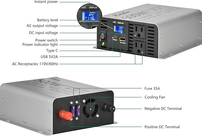 Pure sine Wave Inverter DC 12V Input and AC 110V Output with LCD Display, USB Output Port, Type-C Output Port(500W)