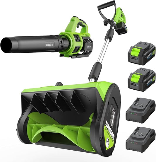 STEELITE 21V Snow Shovel and Leaf Blower Combo, 12-Inch Clearing, 20-Foot Throw, Includes 2×4.0Ah Batteries & 2 Quick Chargers, Extended Runtime (Ships in 2 Packages)