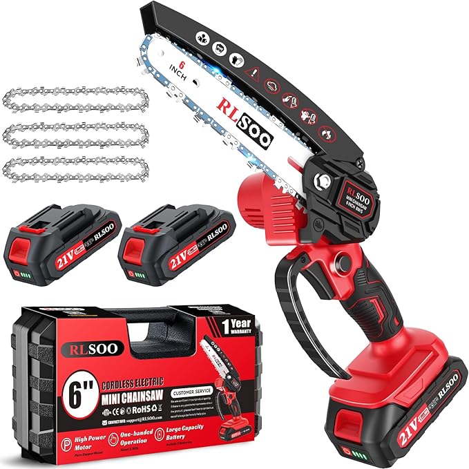 Mini Chainsaw Cordless, Upgraded 6 Inch Handheld Chain Saw Battery Powered with 2 Batteries and 3 Chains, Portable Small Electric Tree Trimmer for Wood Cutting, Courtyard and Household