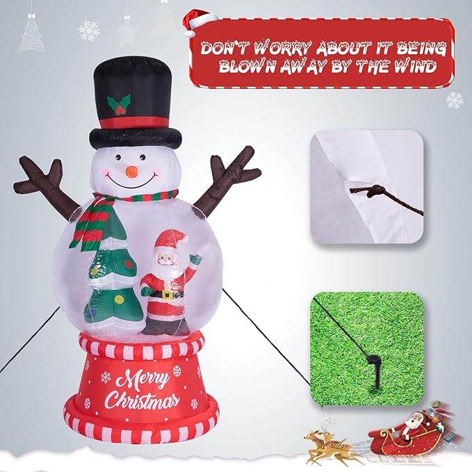 8 FT Height Christmas Inflatables Snowman Globe with Christmas Tree and Santa Claus Outdoor Decorations, Inflatables Snowman Globe Blow up with Built-in LED Lights for Party Lawn Outdoor Yard