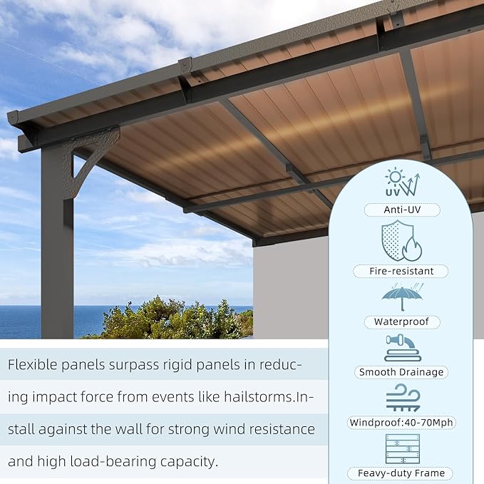 AECOJOY 10' x 12' Adjustable Height Outdoor Lean to Gazebo Pergola for Patio, Large Wall-Mounted 8.1-9.8 Ft Hard Top Metal Heavy Duty Metal Awnings Shelter Pergolas and Gazebos Clearance with Roof