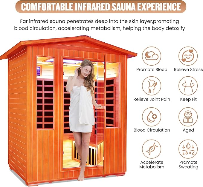 Outdoor Sauna 4 Person Dry Infrared Sauna with Red Light Wood Personal Spa Room Low-EMF 2600W 240V Abysmal Lamp Bluetooth Speakers 62.2"x46.9"x81.9"