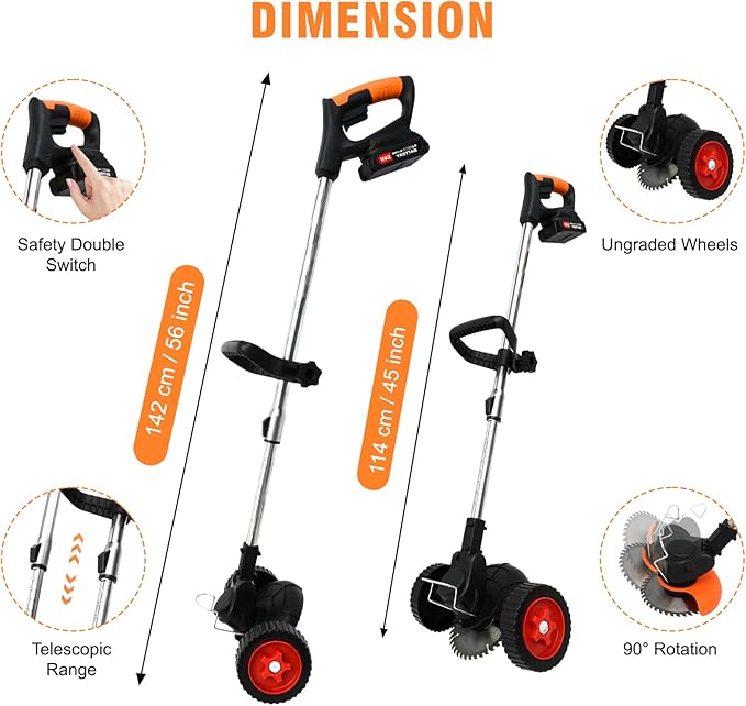 24V Electric Weed Wacker, Cordless String Trimmers with 2 Batteries & Charger, 3 in 1 Stringless Brush Cutter/Weed Eater/Edger/Lawn Mower with 3 Types Blade & Wheels for Garden and Yard Lawn