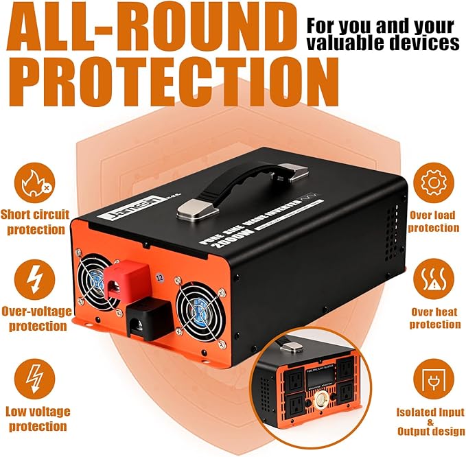 Jamesin 2000 Watts Pure Sine Wave Inverter, 4000 Watts Peak Power, 12 VDC to 110/120 VAC with LED Display for Home, Truck, Car, RV, Residential Solar Systems