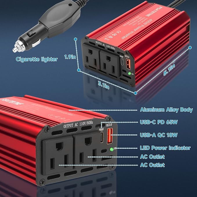 400W Power Inverter, FSATBTNE DC 12V to 110V AC Car Plug Adapter Outlet Converter with [65W PD USB-C] & [18W QC USB-A] Fast Charging Ports and 2 AC Outlets Car Power Inverters for Vehicles
