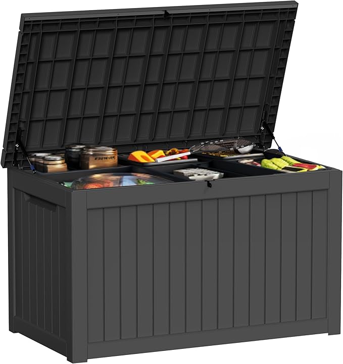 ROJIK Outdoor Storage Housing Deck Box,Waterproof Patio Furniture, Garden Tools,Cushions,Pool Accessories Storage Bench with Lockable Lid and Side Handles (Black,280 Gal)