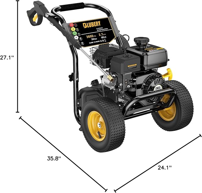 BLUBERY 3600 PSI Gas Pressure Washer, 2.7 GPM Heavy Duty High Power Washer, 30Ft Pressure Hose&Soap Tank,5 Pressure Nozzles,Black