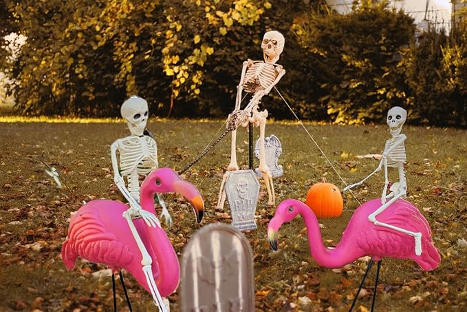 GiftExpress 2-Pack Posable 16" Skeletons + 2-Pack 26" Pink Flamingo Lawn Ornaments Halloween Outdoor Yard Decorations, Spooky Halloween Graveyard