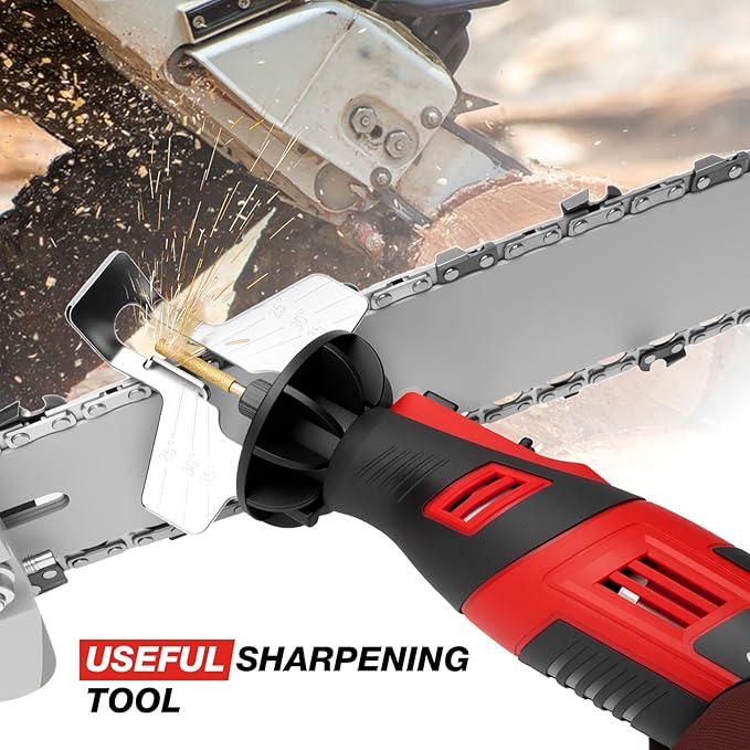 SHALL Electric Cordless Chainsaw Sharpener Kit, with 6 Titanium-Coated Diamond Drill Bits and Angle Guide, for All Chainsaws Chains