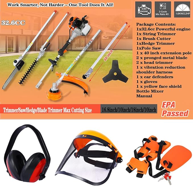32.6cc 2-Cycle Gas Multi-Trimmer | 12-in-1 String Trimmer w/Rotatable 40” Pole Saw, Weed Eater Weed Wacker, Brush Cutter & Hedge Trimmer Gas for Lawn, Yard, Garden Care, All-in-one Garden Tool