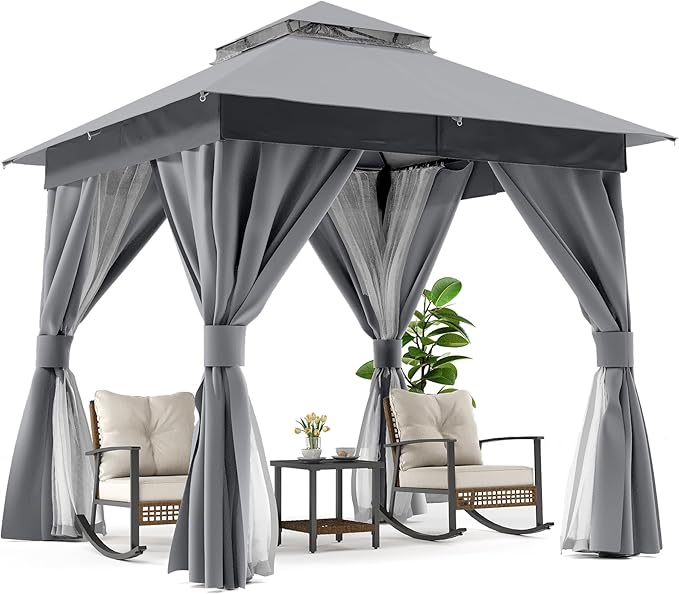 LAUSAINT HOME Outdoor Patio Gazebo 8'x8' with Expansion Bolts, Heavy Duty Gazebos Shelter Party Tent with Double Roofs, Mosquito Nettings and Privacy Screens for Backyard, Garden, Lawn, Smoke Grey