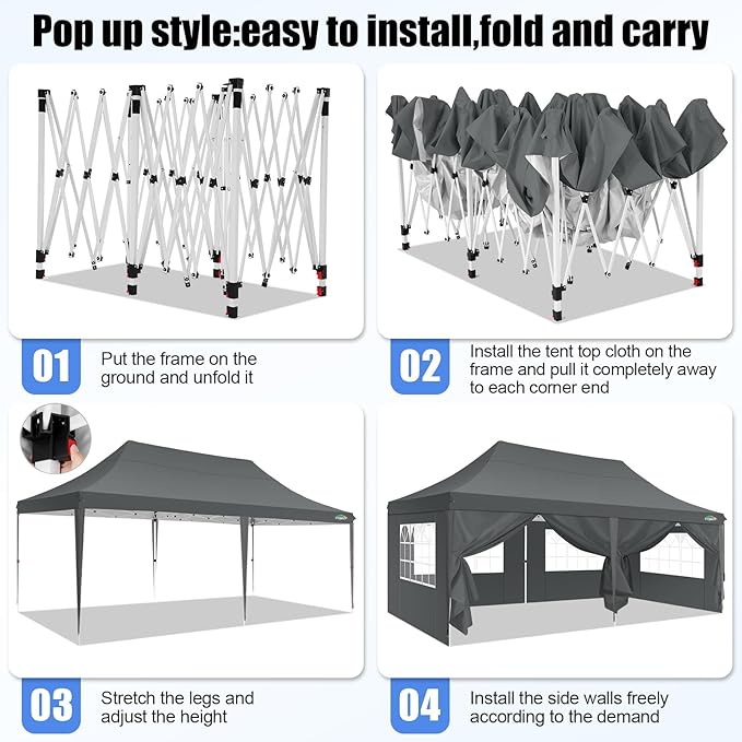 COBIZI 10x20 Pop Up Canopy with 6 Sidewall, Commercial Canopy UPF 50+ Waterproof Outdoor Gazebo with Carry Bag, Tents for Parties with Upgrade Frame, 3 Height Adjustable, Gray