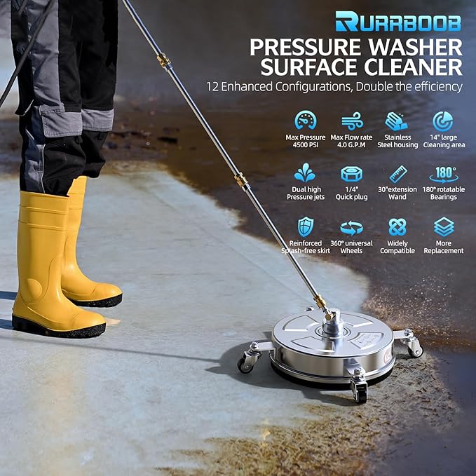 14" Pressure Washer Surface Cleaner with 4 Wheels, Stainless Steel Housing for Pressure Washer Attachment for Concrete, Patio, Sidewalk, Deck and Driveways