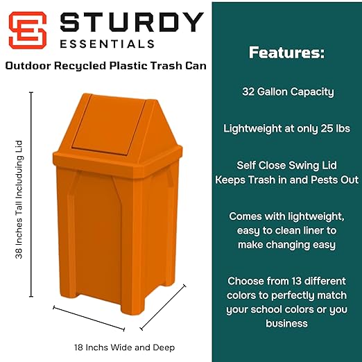 32 Gallon Square 100% Recycled Plastic Heavy Duty Outdoor Commercial Trash Can with Swing Top Lid | Great for Schools and Businesses - Orange