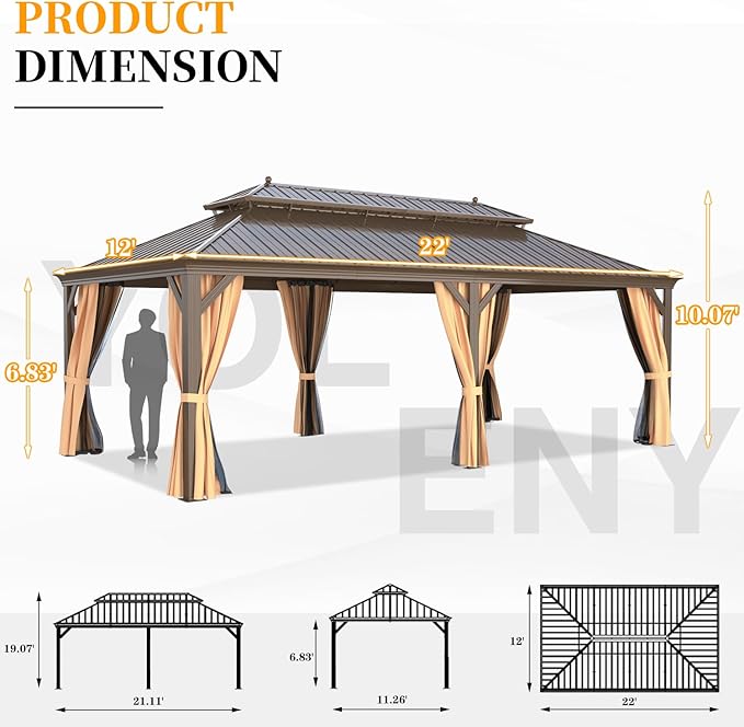 YOLENY 12'x22' Hardtop Gazebo, Galvanized Steel Double Roof Canopy with Aluminum Frame Permanent Metal Pavilion with Netting and Curtains for Patio Backyard Deck and Lawns