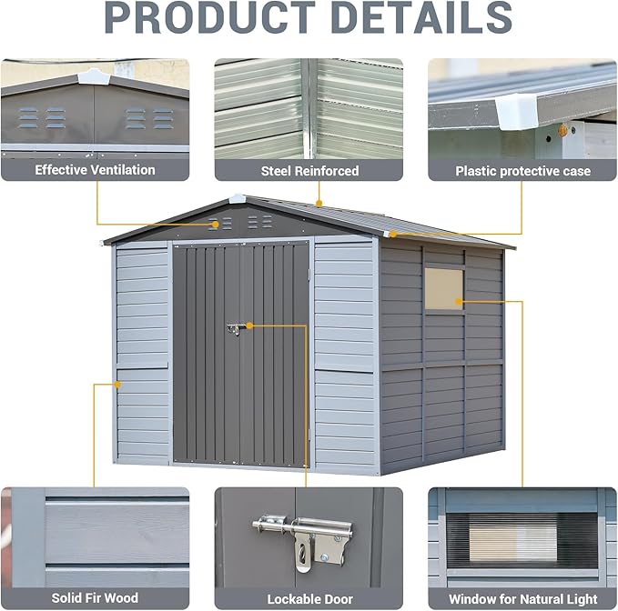 Galvanized Steel Frame & Solid Cedar Wood Wall Shed | 8x8ft Outdoor Storage Shed with Waterproof Roof & Wind Resistance, Lockable Double Doors for Garden, Lawn, Patio Organization