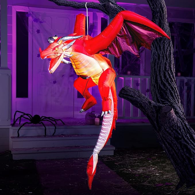 Joiedomi 5 FT Tall Halloween Inflatable Hanging Fire Dragon Decor with Build-in LEDs, Inflatable Blow Up Flying Dragon with Light for Halloween Party Indoor, Outdoor, Yard, Garden, Lawn Decorations