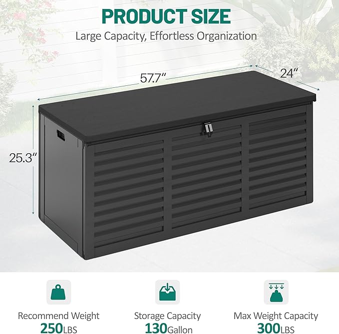 130 Gallon Outdoor Storage Box Lockable Deck Boxe Outdoor Waterproof for Garden Patio Package Delivery Weather-Resistant & Easy Assembled (Black)