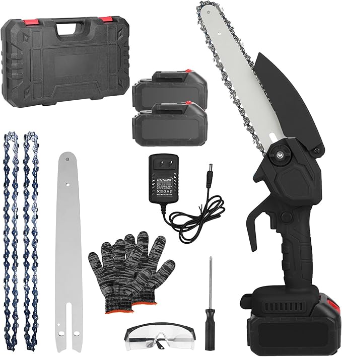 Mini Chainsaw Cordless 8 Inch, Battery Powered Electric Chainsaw with Security Lock, Small Handheld Chain Saw for Tree Branches, Cordless Hand Saw for Wood Cutting, Black
