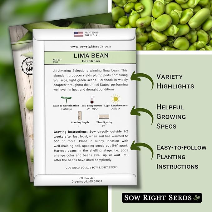 Sow Right Seeds - Fordhook Lima Bush Bean Seeds for Planting - Non-GMO Heirloom Packet with Instructions to Plant an Outdoor Home Vegetable Garden - Stringless Variety - Protein Packed Bush Bean (2)