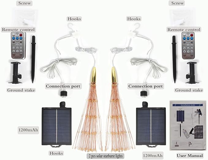 2 Pack Starburst Sphere Lights with Remote Control,200 LED Firework Light, 8 Modes Dimmable Waterproof Copper Wire Hanging Fairy Light for Patio Parties Christmas (Solar Powered)