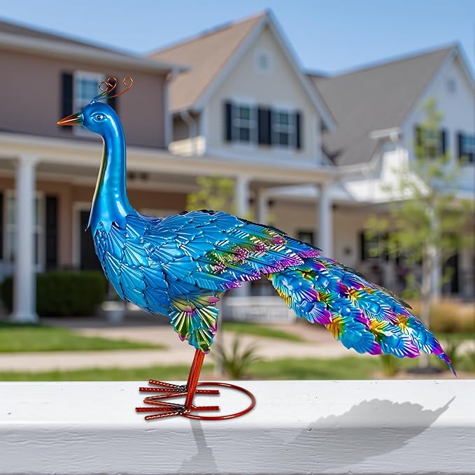 Peacock Yard Art Garden Decor Metal Peacock Outdoor Statue & Sculpture for Patio Lawn Backyard Decorations Vibrant Multicolor, Blue