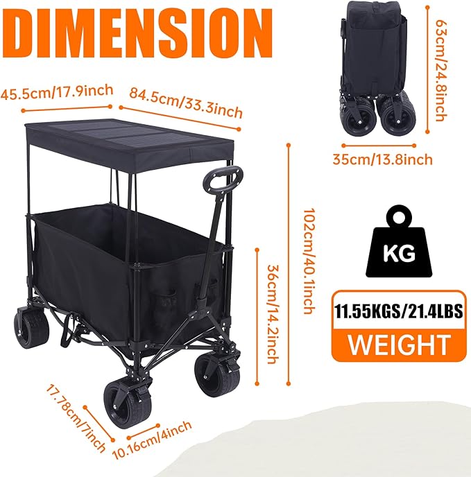 Nice C Wagon with Canopy, Collapsible Wagon, Foldable Wagons, 30W Portable Solar Panel w/USB, Type-C & DC Charging Cable, All-Terrain Wheels