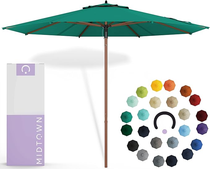Midtown Umbrellas The Wooden 8 Feet Patio Umbrella With Sunbrella Canvas Teal Acrylic Fabric - Aluminum Frame Market Umbrella For Backyard, Deck, Garden, Pool - Wooden Pole