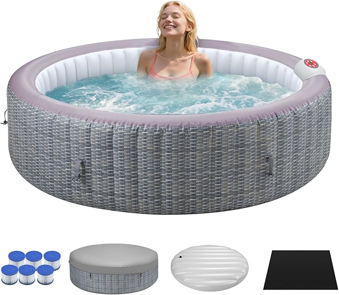 82" Inflatable Hot Tub for 4-6 People, Portable Outdoor Spa with 130 Soothing Bubble Jets, Smart Control Panel, with Insulated Cover, 6 Filters, PE Floor Mat, 110-120V Input (Round)