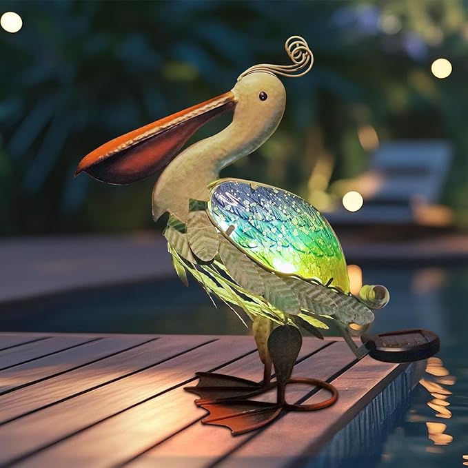 HONGLAND Solar Metal Pelican Statues Garden Sculpture & Statues, 17 Inch Glass Outdoor Pelican Yard Art Coastal Ocean Bird Decor Lawn Ornament for Backyard Porch Patio Decor（Blue-Green）