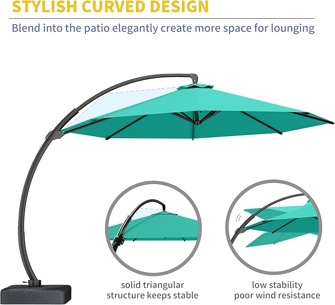 Kingdura 12ft Offset Cantilever Patio Umbrella with Base Included, Large Round Aluminum Outdoor Umbrella, 360° Rotation & Infinite Tilt, Heavy Duty Frame for Deck Pool Backyard, Turquoise blue