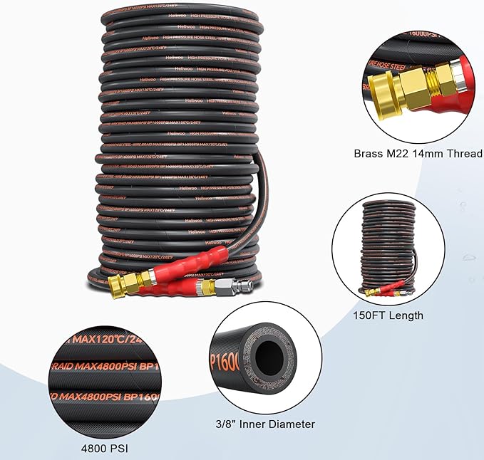 Pressure Washer Hose 150FT,3/8" 4800 PSI Kink Resistant Industrial Grade Hose with 3/8 Quick Connect Ends for Hot & Cold Water up to 140°F, Steel Wire Braided Hose for Power Washing