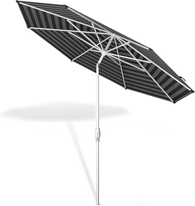 Midtown Umbrellas The Swilt 10 Feet Patio Umbrella in Sunbrella Black & White Acrylic Fabric - Fiberglass Ribs, Auto-Tilt Aluminum Frame For Backyard, Deck, Garden, Pool - White Pole