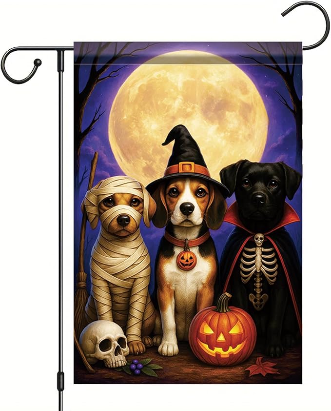 Halloween Fall Garden Flag Dog Costume Flag 12x18 Inch Double-Sided Beagle Labrador Mummy Skeleton Witch Pumpkin Yard Banner Autumn Outdoor Decor Porch Lawn Pathway Dog Lover Gift